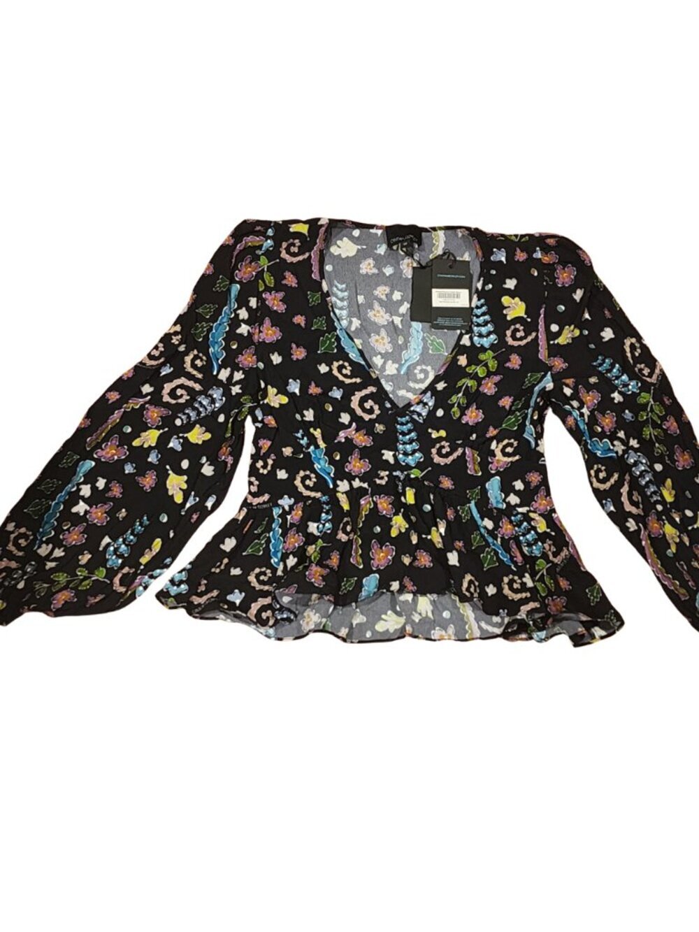 NWT CYNTHIA ROWLEY Women Blouse Black Printed Viscose V-Neck Peplum - Size 10
